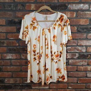 Anymeet Pleated Short Sleeve Floral Scoop Neck Jersey Knit T-shirt Women's 2XL
